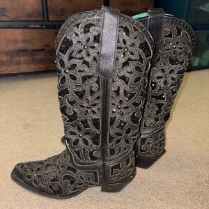 Black Floral Cutout Cowboy Boots